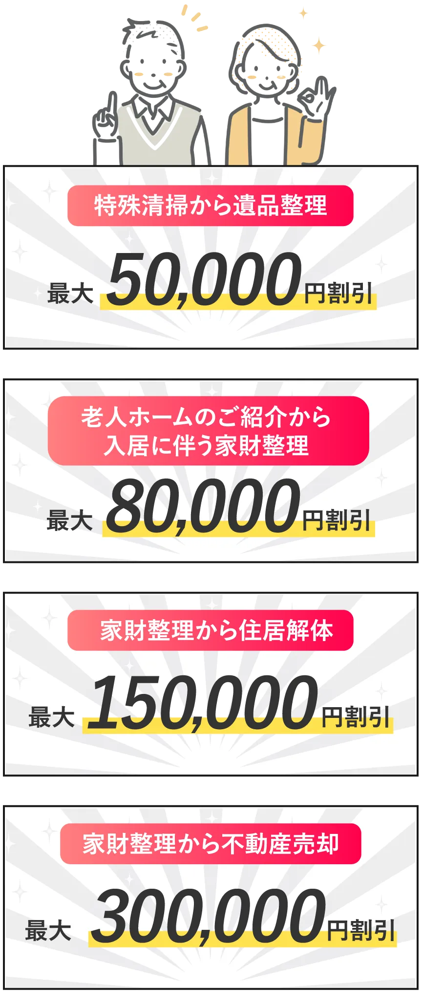 特殊清掃から遺品整理、老人ホームのご紹介から入居に伴う家財整理、家財整理から住居解体、家財整理から不動産売却