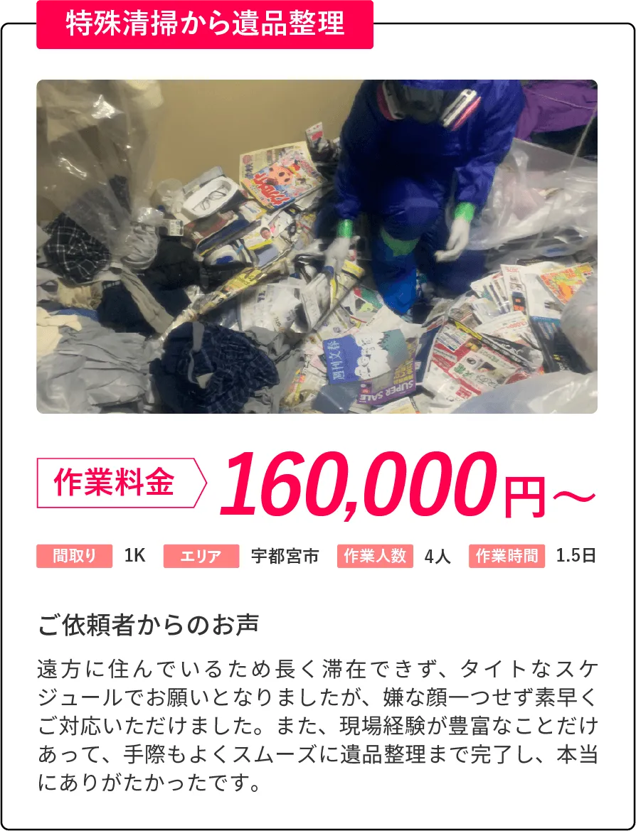 特殊清掃から遺品整理、家財整理と不動産売却、老人ホームのご紹介から入居に伴う家財整理